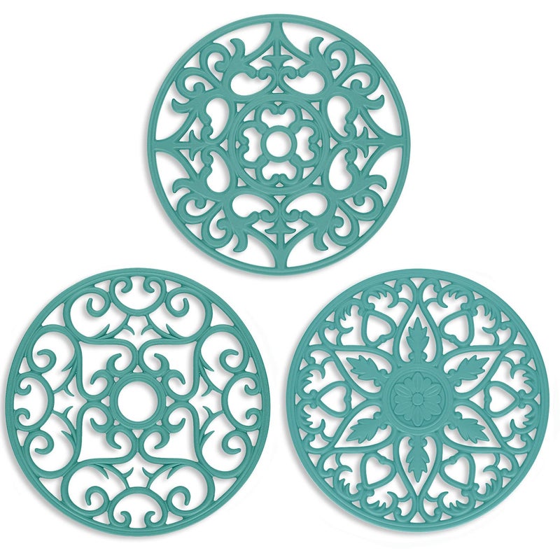 ME.FAN Trivets for Dishes/Pots/Pans, 3 Pcs Silicone Mats, Flexible/Durable/Non Slip Hot Pads to Protect Table and Counter Top (Teal Blue) - Image 1